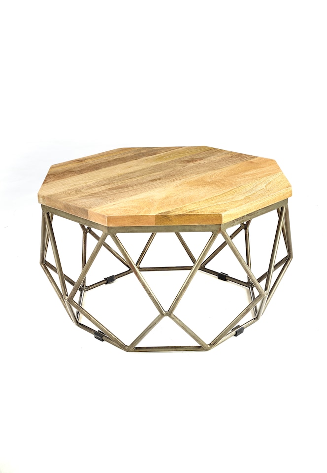 image 1 of Solid Mango Wood Coffee Table Grey Gun Metal Frame Fully Assembled Oak Finish 38 x 67 x 67cm