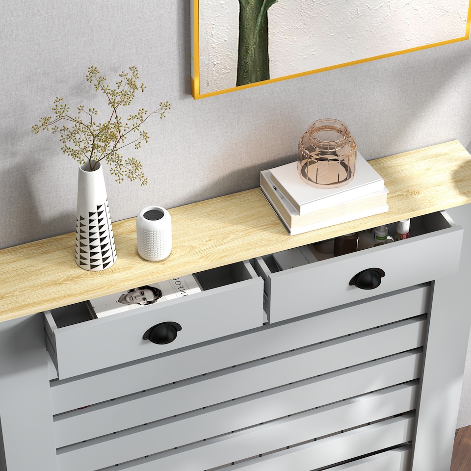 image 1 of HOMCOM Radiator Cover with Drawer, Horizontal Slatted Grill, Grey Painted MDF Wood Cabinet Shelf Heating Cover for Living Room Bedroom Hallway, Medium