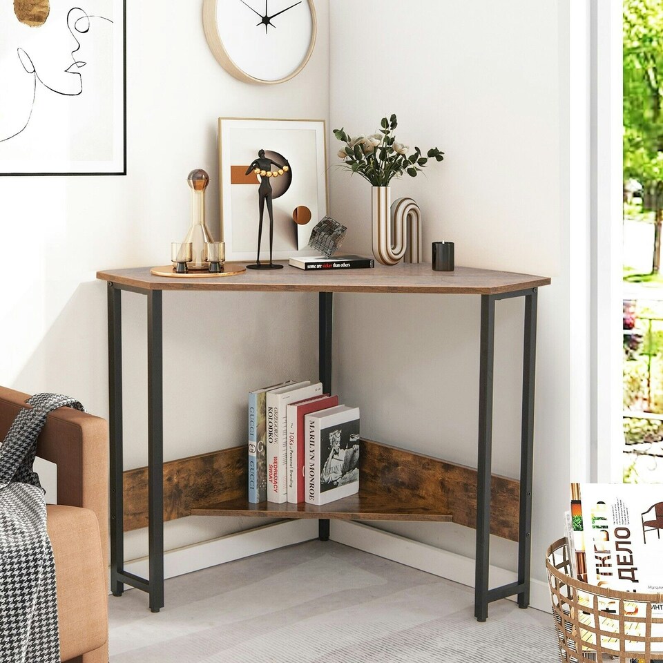 image 1 of COSTWAY Corner Desk Triangle Computer Table w/Power Outlet Brown Brown