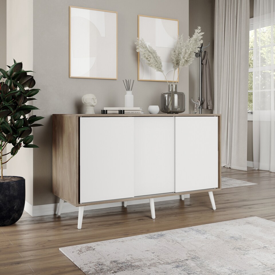 image 1 of URBNLIVING Oak Carcass 3 Door Sliding Storage Cabinet | Multi | White Doors & White Legs | 1