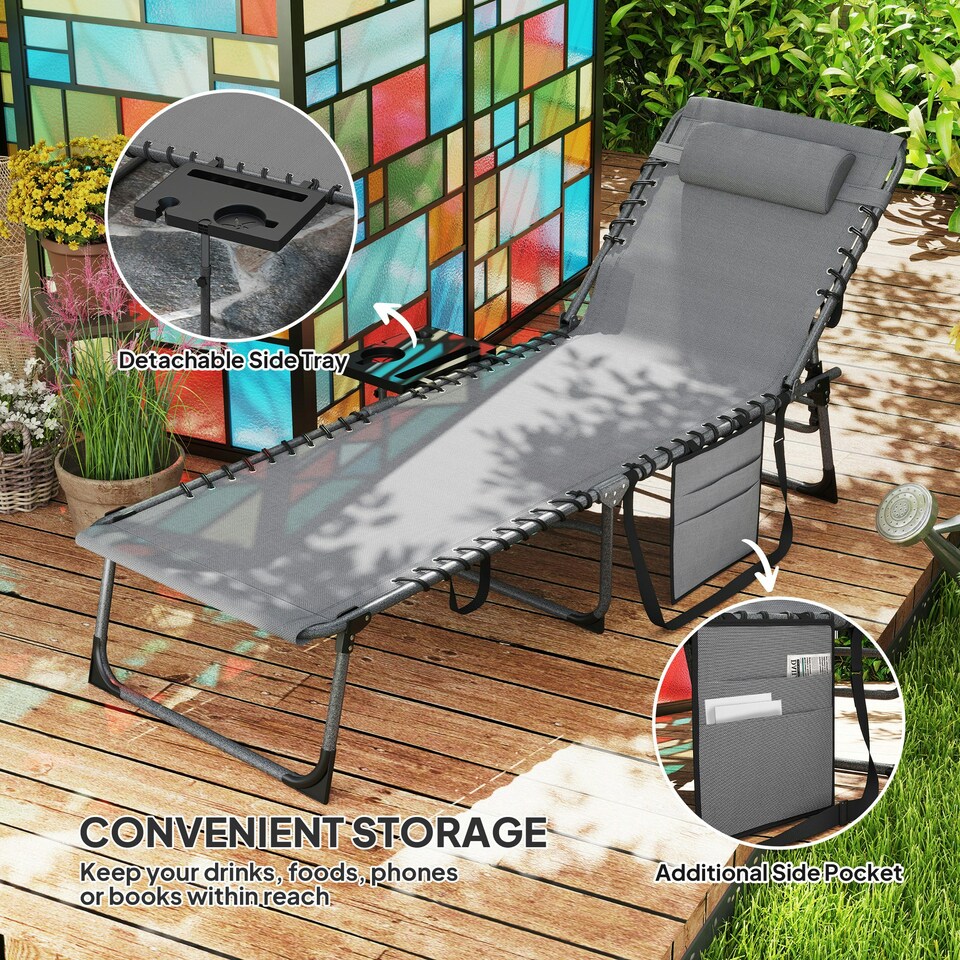 image 1 of Outsunny Folding Sun Lounger with 5-Level Reclining Back, Side Table, Beige