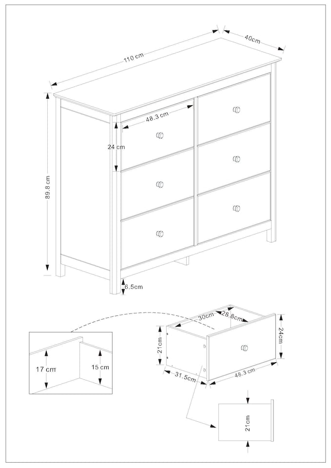 image 1 of Nairn White 3+3 Drawer Wide Chest of Drawers - White Painted Wood Bedroom Storage with Polished Steel Handles