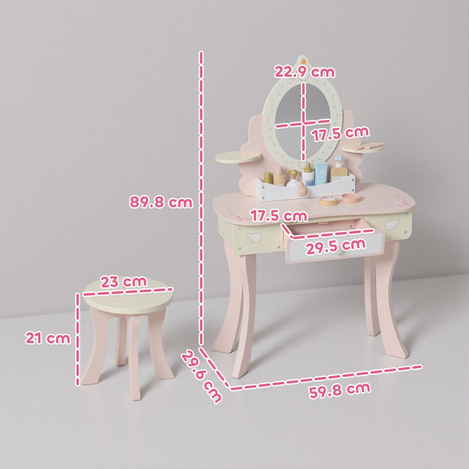 image 1 of AIYAPLAY Kids Dressing Table, Girls Vanity Set w/ Stool, 7 Play Accessories