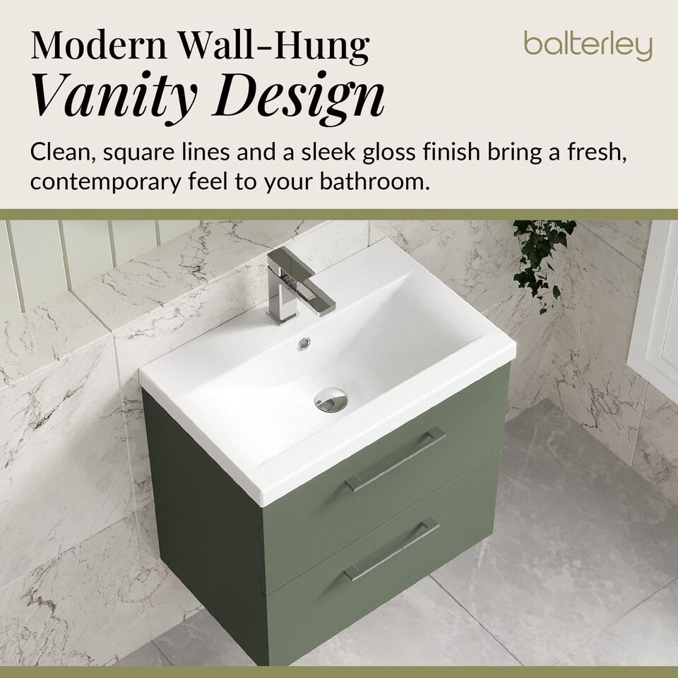 image 1 of Bathroom Wall Hung 2 Soft Close Drawer Vanity Unit, Satin Green, 610mm | Green | Satin Green | 579 x 610 x 390mm