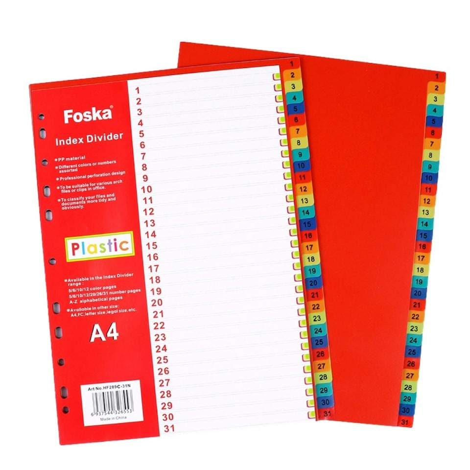 image 1 of A4 Coloured Plastic 31 Part Tabbed Index Dividers - File