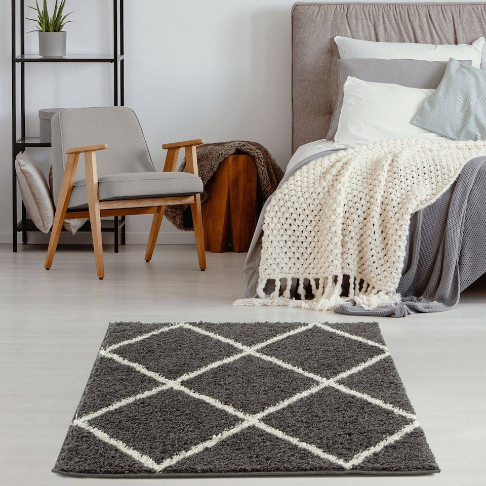 image 1 of The Rugs Moroccan Collection Soft High Pile Shaggy Diamond Floor Rugs and Runners Living Room