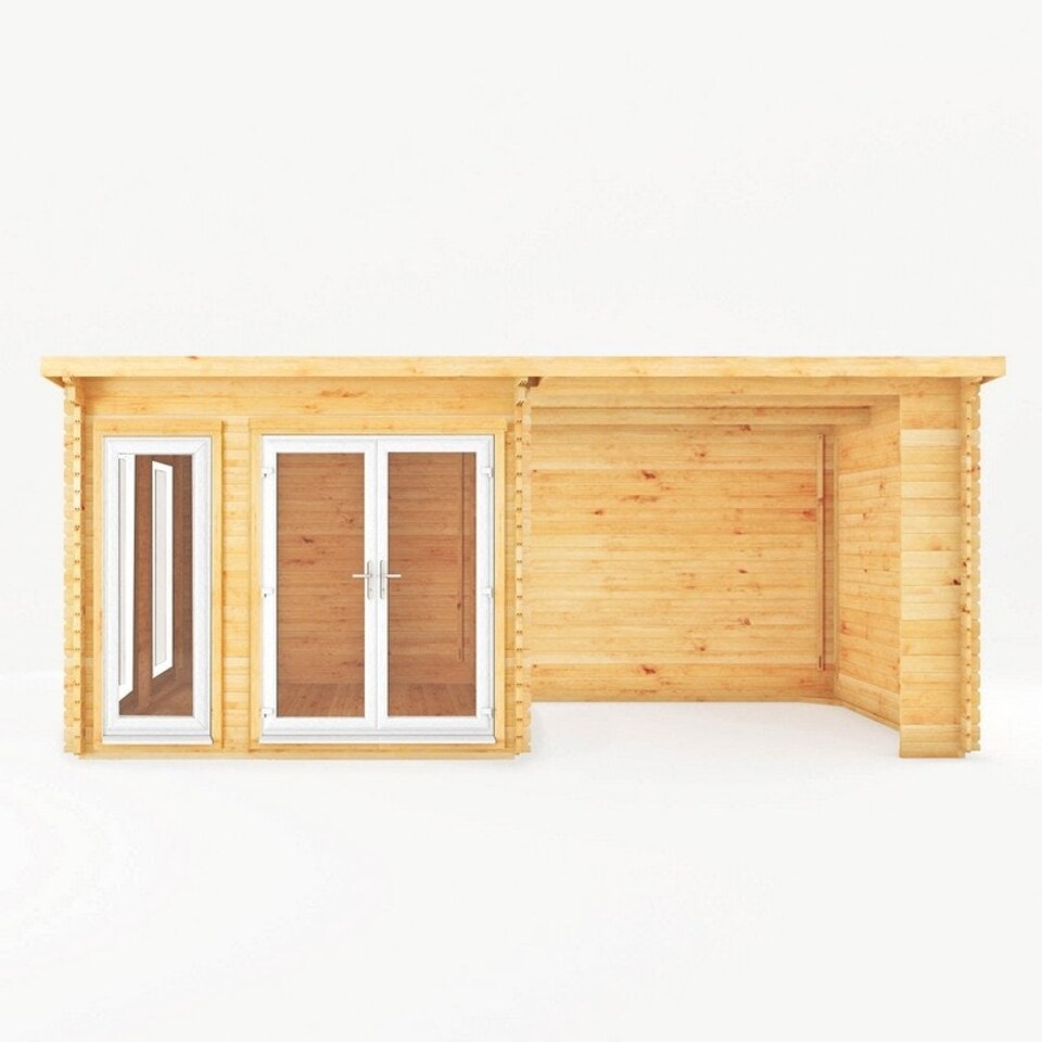 image 1 of 6 x 3 m Studio Pent Log Cabin with Patio Area, White UPVC Windows and Doors - 44 mm Timber - L333.5 x W591.1 x H249.4 cm - Brown Brown