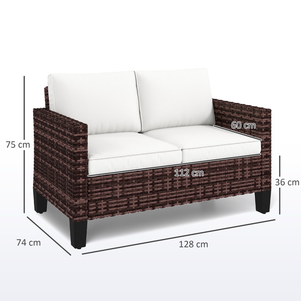 image 1 of Outsunny 2 Seater Rattan Sofa with Cushions, Wicker Garden Loveseat with Armrests, Outdoor Garden Sofa Couch with Steel Frame for Balcony, Porch, Brown