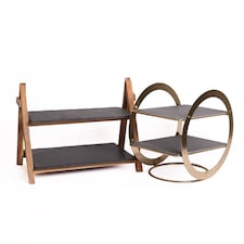 2pc Serving Set with 2-Tier Geometric Brass Serving Stand with Slate Serving Platters and 2-Tier Slate & Wood Serving Stand | Black