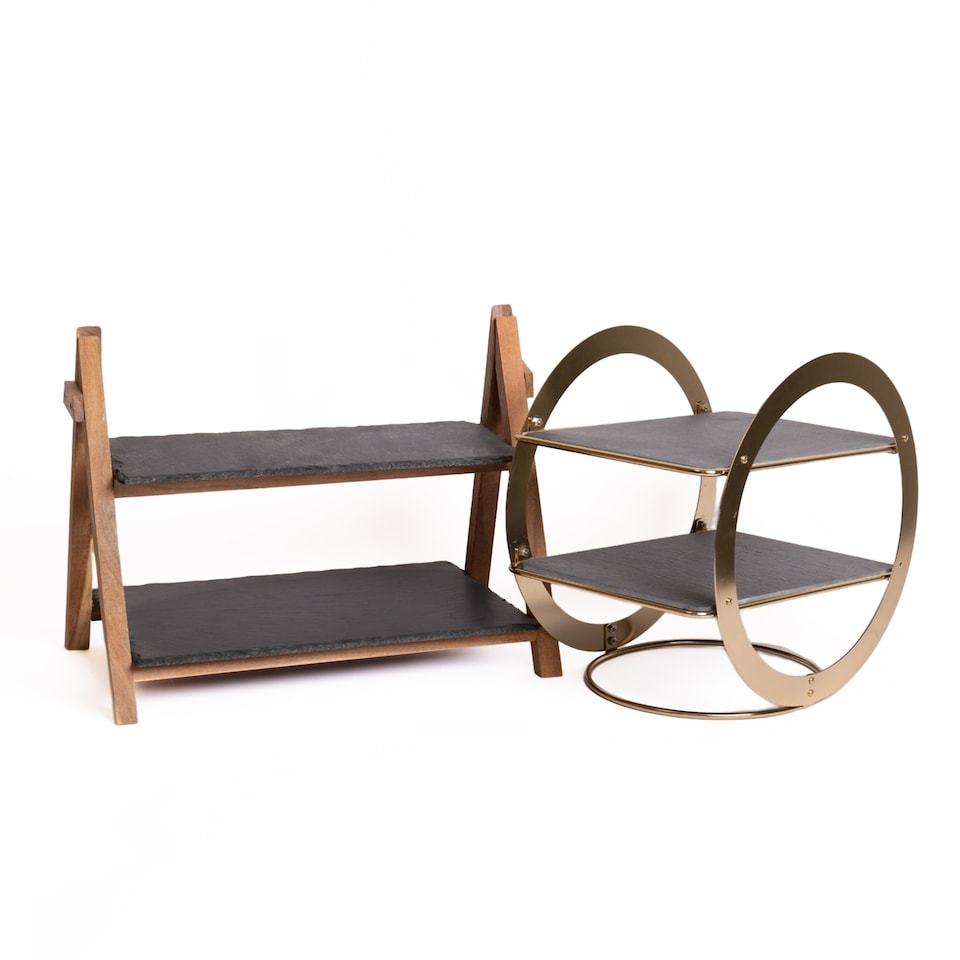 image 1 of 2pc Serving Set with 2-Tier Geometric Brass Serving Stand with Slate Serving Platters and 2-Tier Slate & Wood Serving Stand | Black