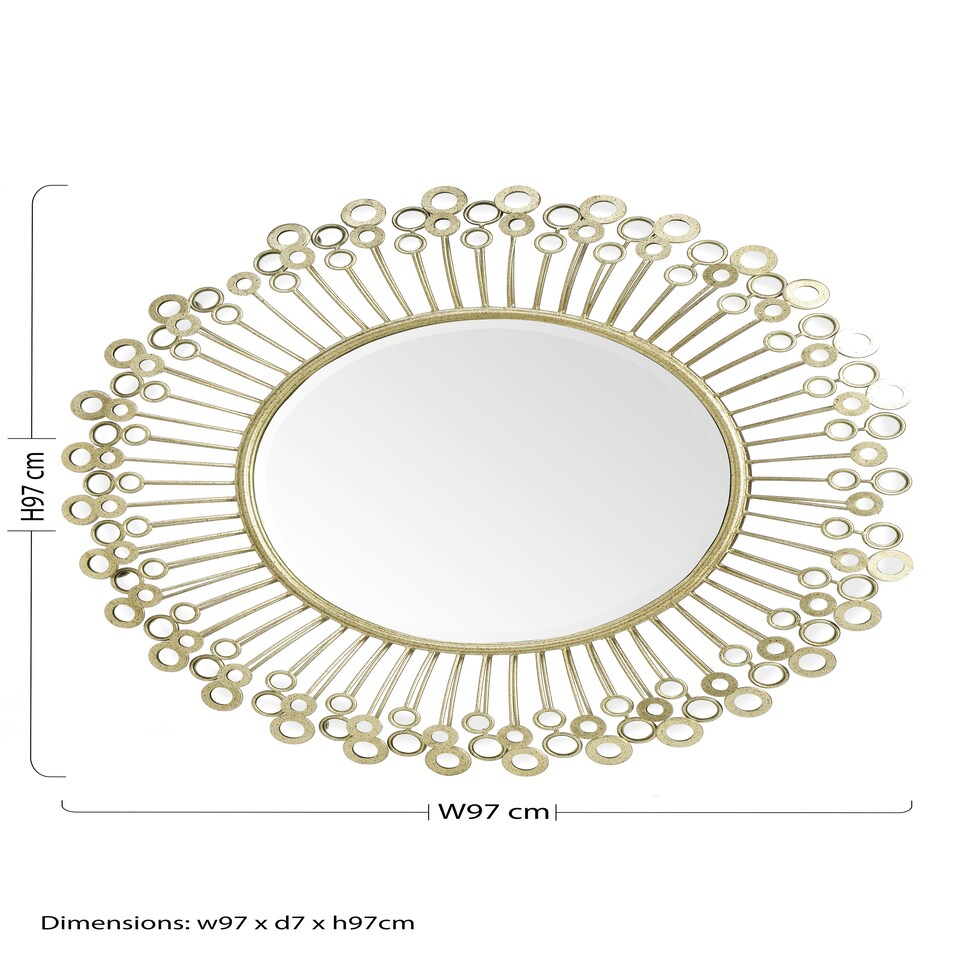 image 1 of Interiors By Premier Distinctive Mirrored Disc Detail Wall Mirror, Decorative Circle Framed Mirror, 97x97cm Statement Mirror Gold