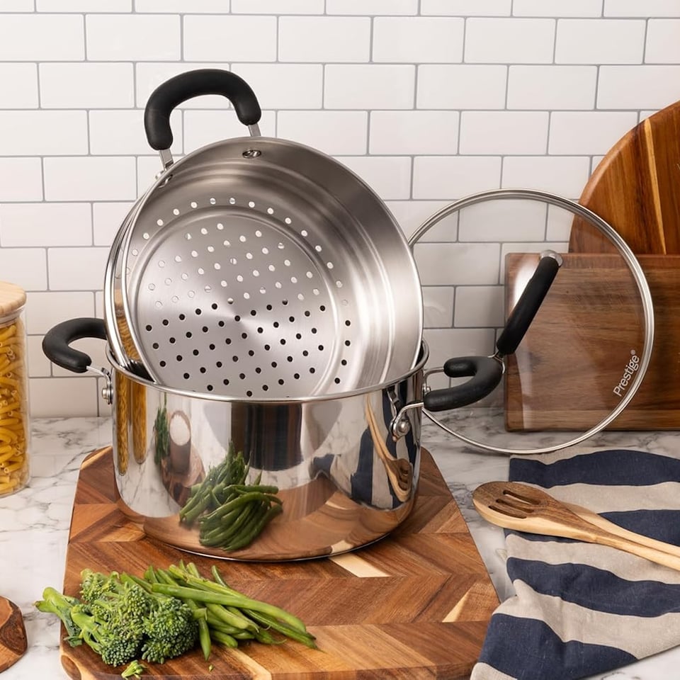 image 1 of Prestige Made to Last Stainless Steel Stock Pot with Food Steamer 24cm - Silver
