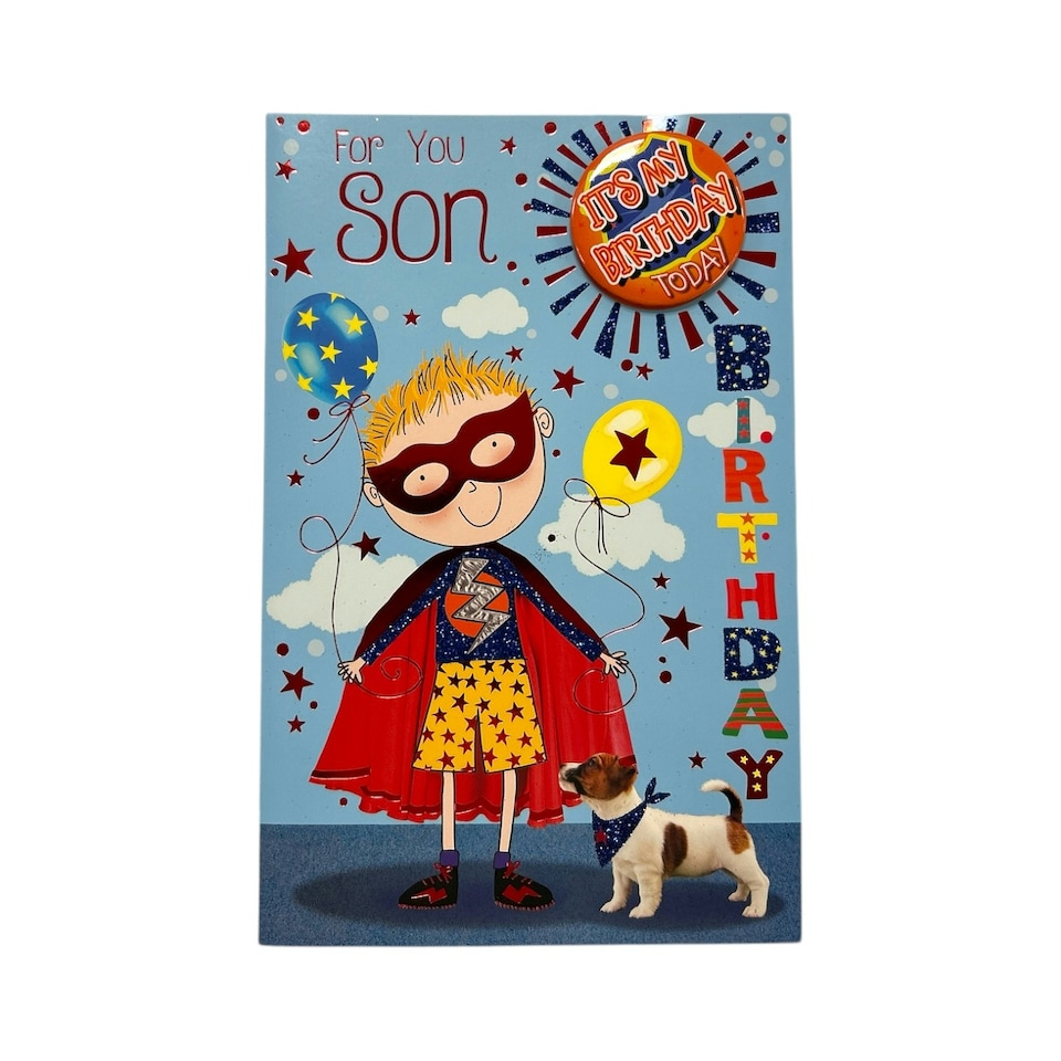 image 1 of For You Son Superhero Theme Juvenile Birthday Card With Badge