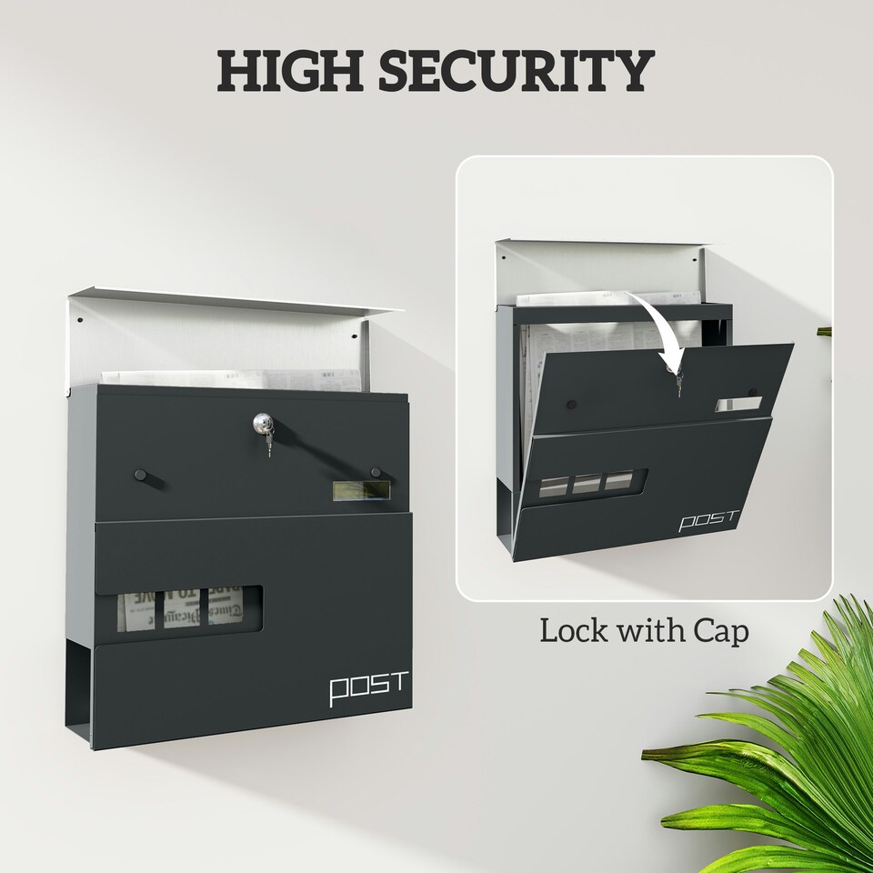 image 1 of HOMCOM Wall Mounted Post Box, Weatherproof Letterbox with Lock, Grey Black