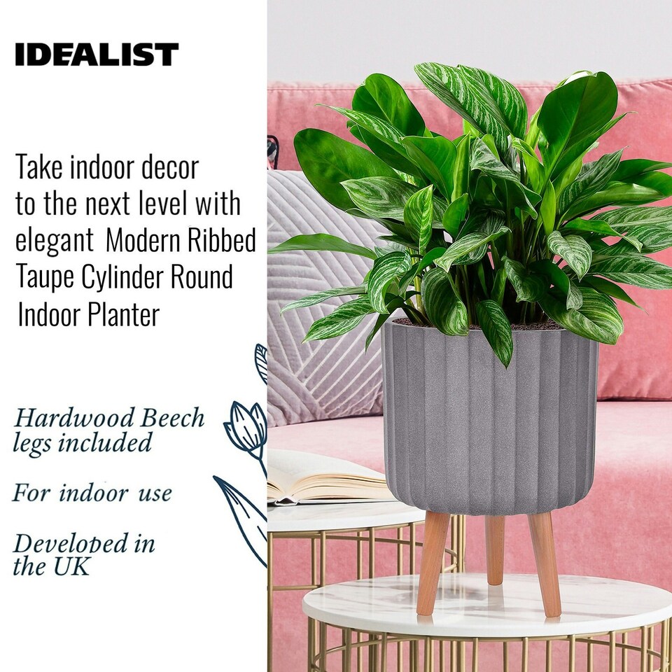 image 1 of Modern Ribbed Taupe Cylinder Planter on Legs, Round Pot Plant Stand Indoor D24 H32 cm, 7.6 ltrs Cap.