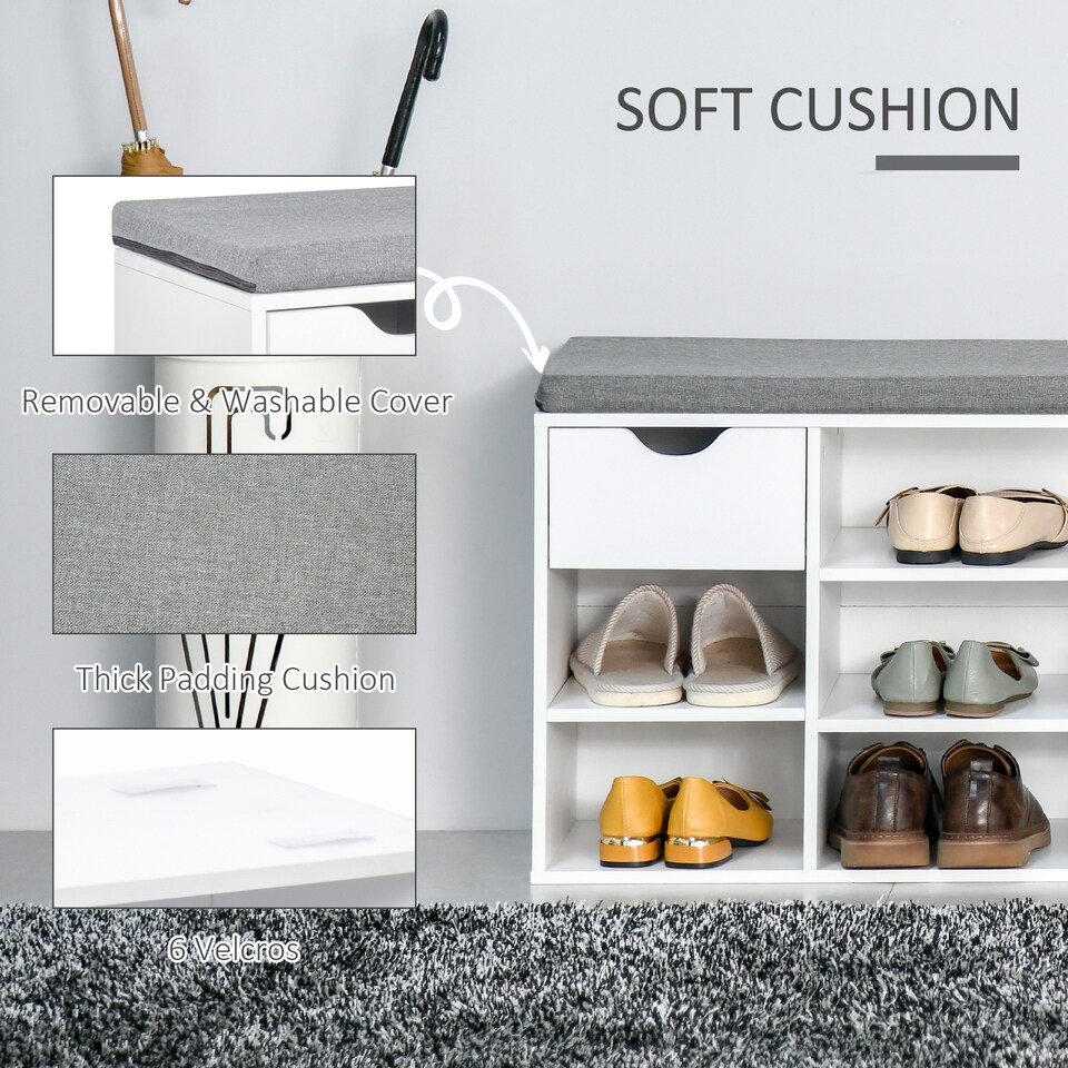 image 1 of HOMCOM Shoe Storage Cabinet Bench w/ Cushion Adjustable Shelves White