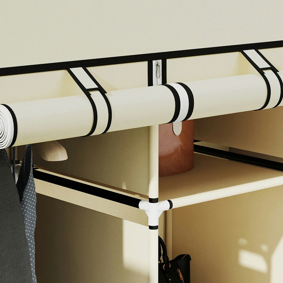 image 1 of HOMCOM Fabric Portable Wardrobe with 8 Shelves 2 Hanging Rails, Cream White Cream