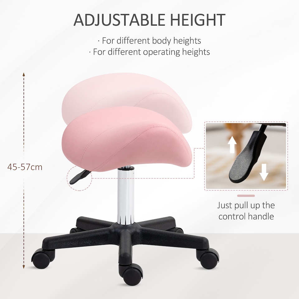 image 1 of HOMCOM Saddle Stool, PU Leather Adjustable Rolling Salon Chair with Steel Frame for Massage, Spa, Beauty and Tattoo, Pink | Pink | 1