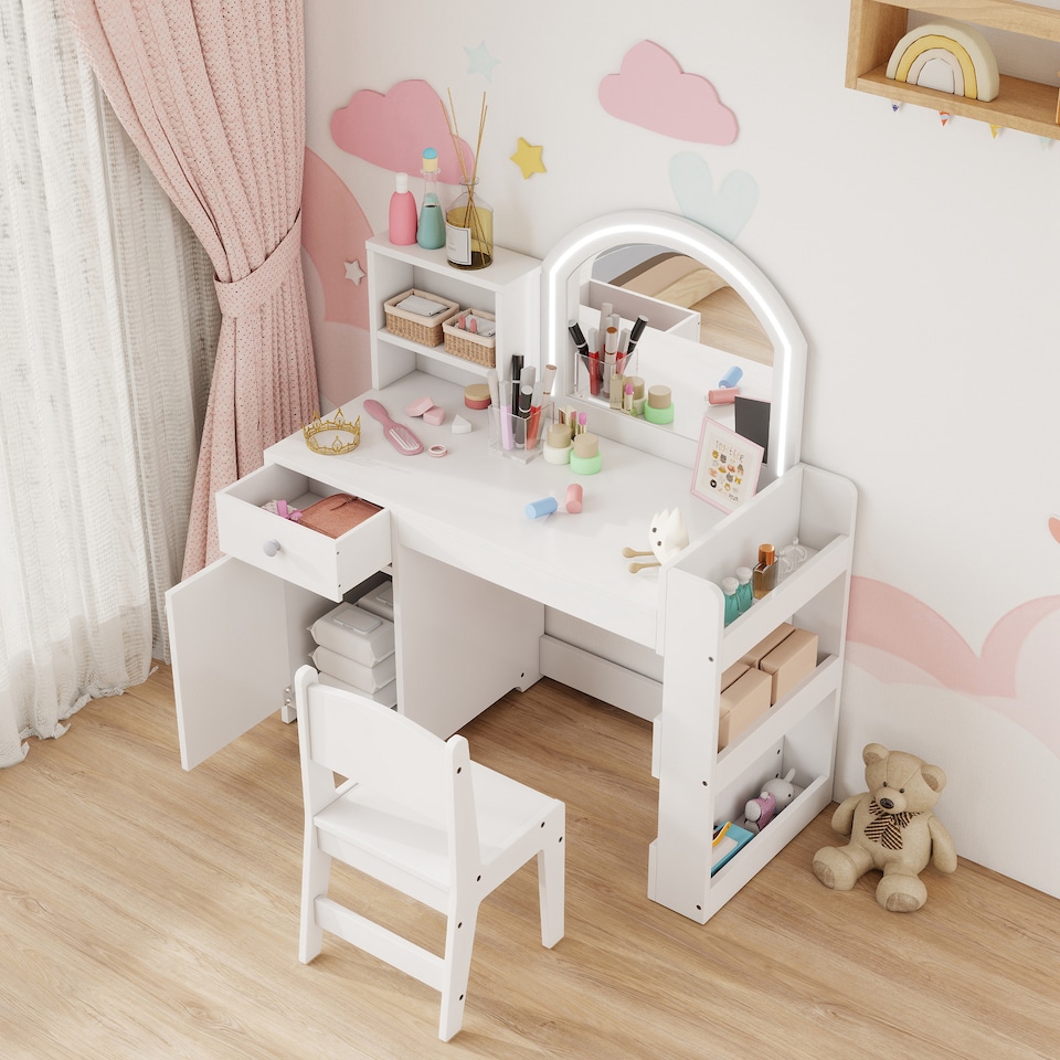 image 1 of AIYAPLAY Kids Vanity Table and Chair Set, Girls Dressing Table with 2-Colour LED Mirror, Stool, Cabinet, Drawer, Bookshelf and Shelves for Ages 3-8 Years | White