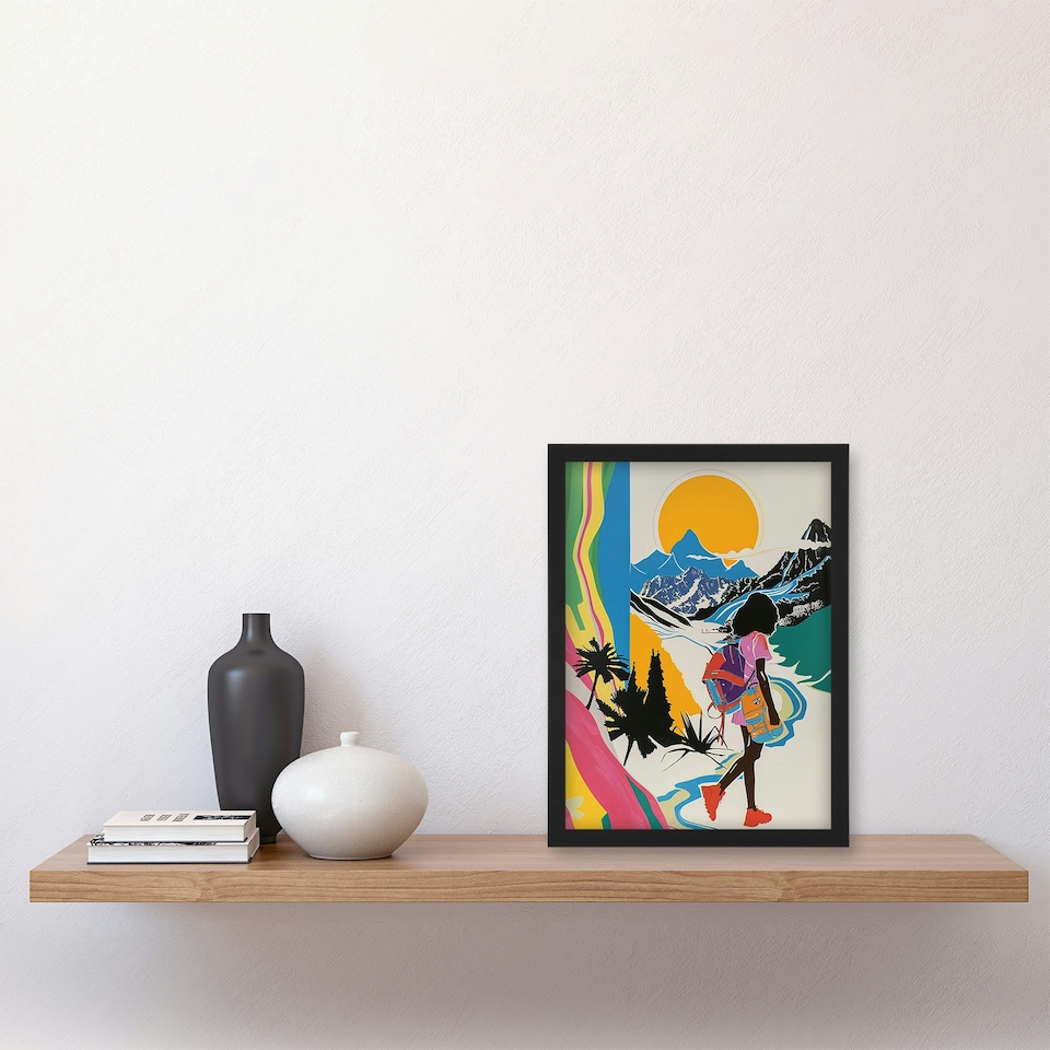 image 1 of Fun Bright Sun Mountains Abstract Girls Bedroom Hike Black Framed Wall Art Print A4