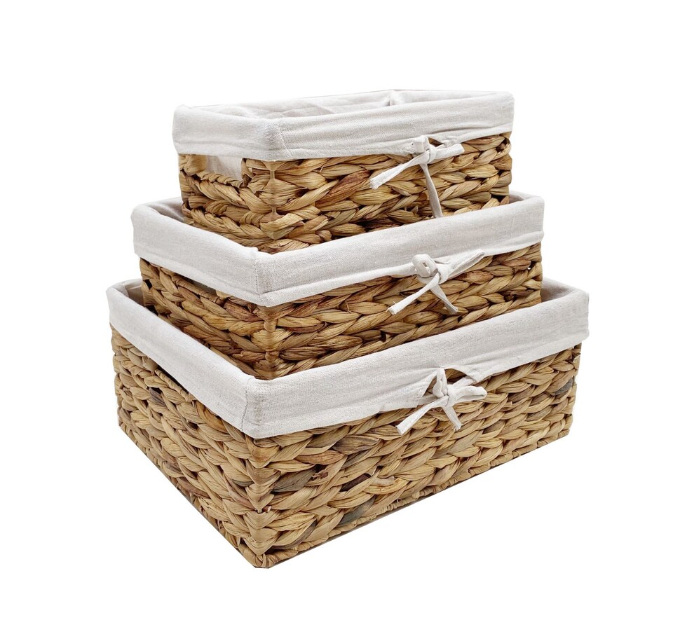 image 1 of Natural Woven Water Hyacinth Deep Rectangle Storage Basket Hamper With Lining Small 28 x 18 x 12 cm | Cream | Neutral | S