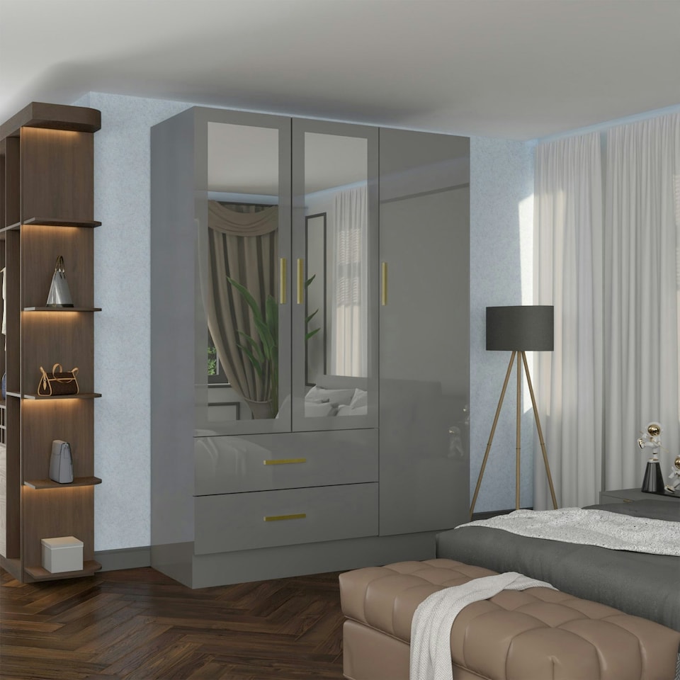 image 1 of Modern 3-Door High Gloss Wardrobe with Dual Mirrors, Gold Accent Handles, Drawers & Shelves-116cm Wide Grey | Grey116cm