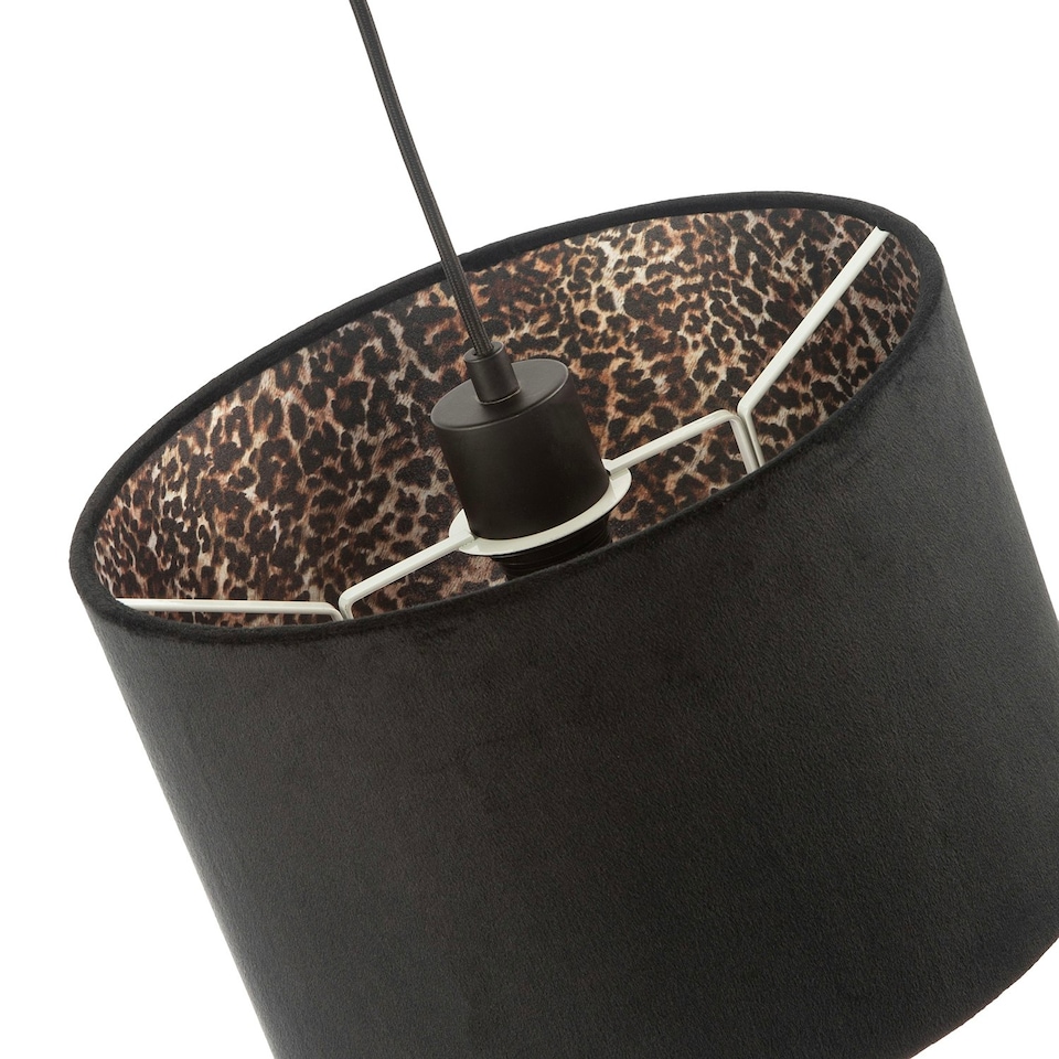 image 1 of Black Velvet Lamp Shade with Inner Leopard Print Satin Shimmer Lining Black