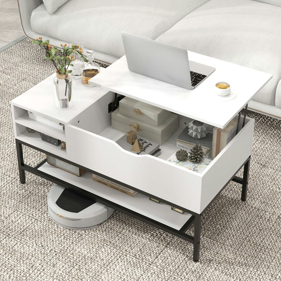 image 1 of COSTWAY Lift Top Coffee Table w/ Storage Shelf White White