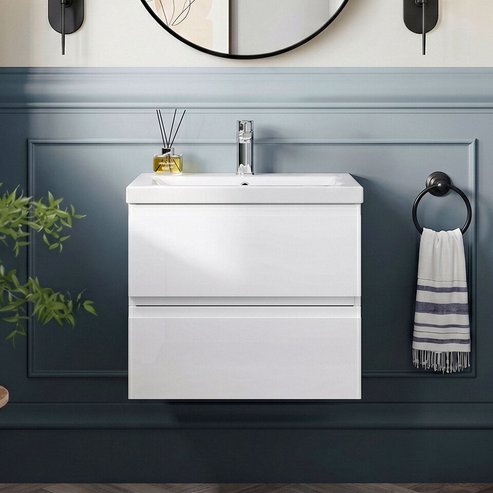 image 1 of Balterley Mavesyn Contemporary 2 Drawer Wall Hung Vanity Unit with Mid-Edge Basin, Satin White, 600mm
