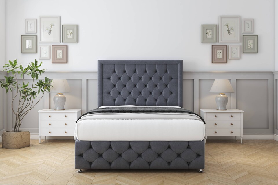 image 1 of Sloomy Vienna Steel Plush Divan Bed With Mattress 4 Drawers With 54" Floor Standing Headboard & 12" Matching Footboard 5' King | Grey | Steel | King | 1