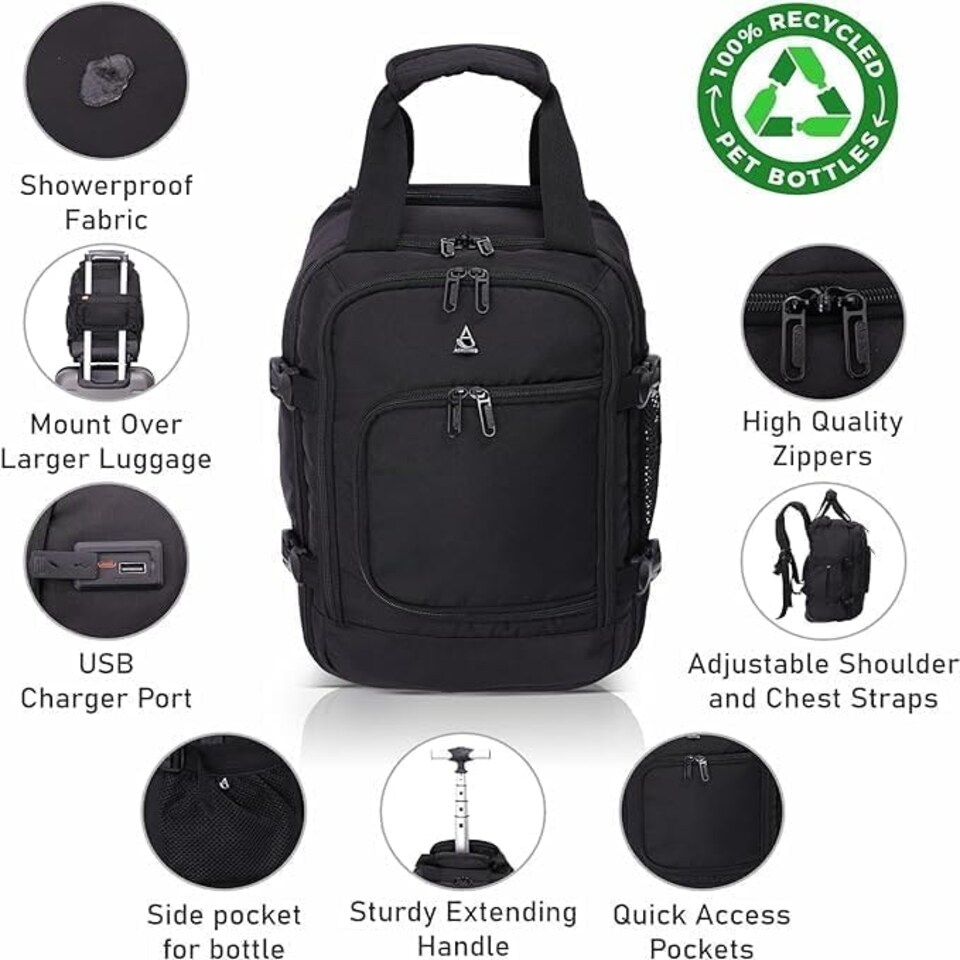 image 1 of Aerolite 40x20x25 Ryanair Maximum Size Backpack Trolley Bag with 2 Wheels Cabin Luggage Approved Extendable Handle Travel  Holdall Rucksack with 10Year Warranty Black