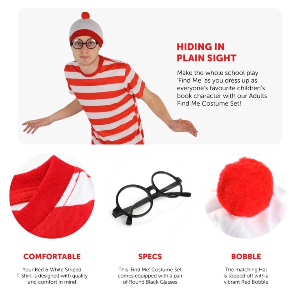 image 1 of Find Me Costume - Top, Hat & Glasses Red | M