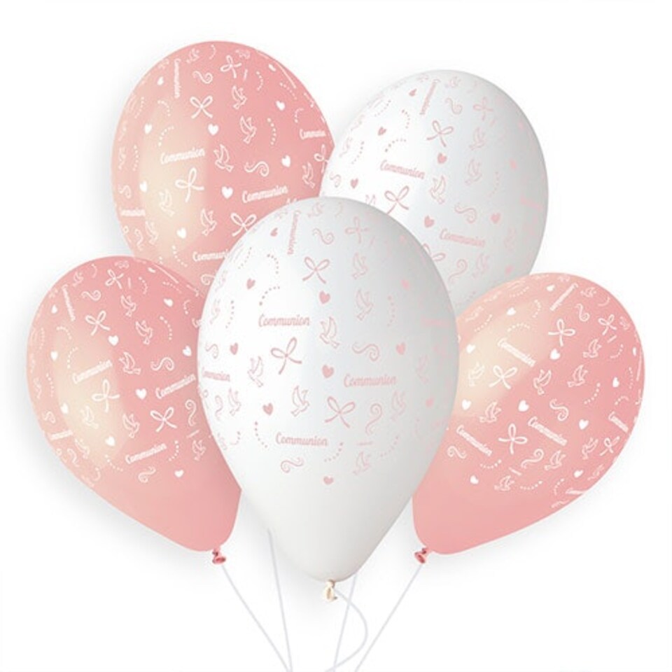 image 1 of Communion Pink & White Latex Balloons 33cm / 13 in - Pack of 6