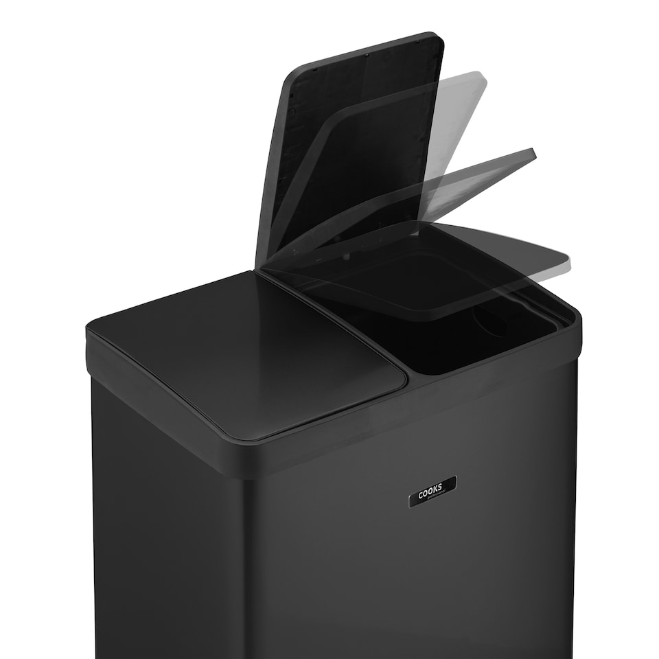 image 1 of Cooks Professional Dual Pedal Recycle Bin 60L with 2 x Compartments & Soft Close Lids | Black