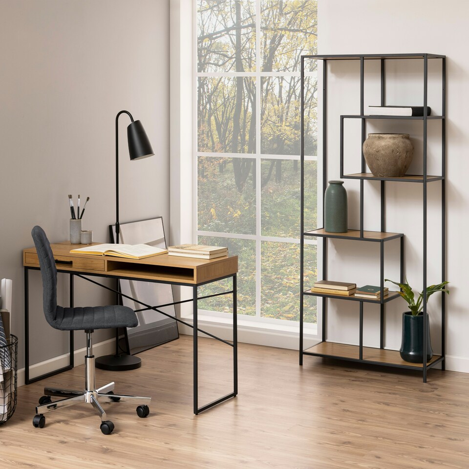 image 1 of Seaford Tall Black Metal Bookcase with 5 Oak Shelves