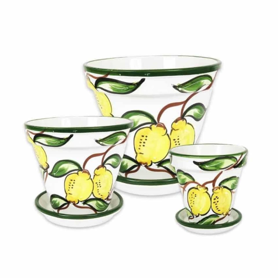 image 1 of Verano Spanish Ceramics Set of 3 Plant Pots & Drainage Plates - 16-29cm Lemons