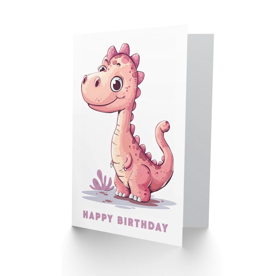 image 1 of Cute Pink Dinosaur Cartoon Kids Girl Boy Child Baby Birthday Card