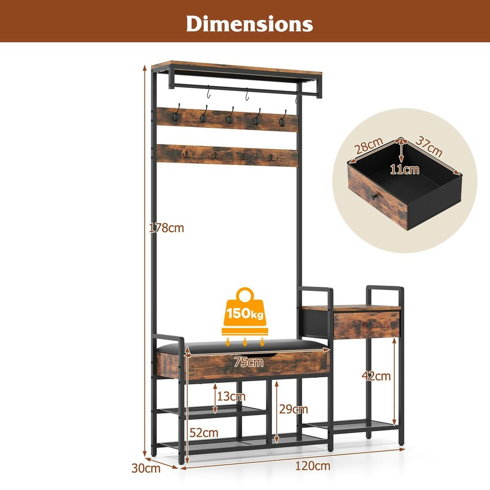 image 1 of COSTWAY Coat Rack Hall Tree with Shoe Storage Bench Brown | One Size