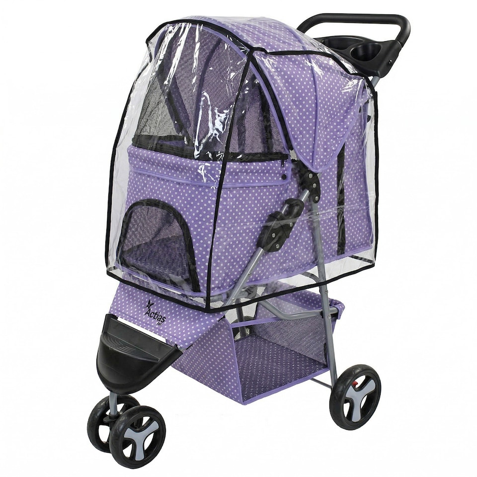 image 1 of Pet Stroller Dog Cat Puppy Pram Pushchair Travel Cart Jogging Buggy Carrier (Purple Dot with Cover)