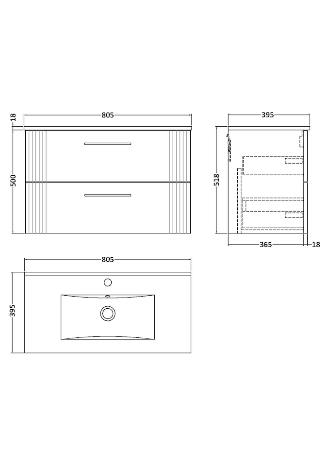 image 1 of Balterley Partial Fluted 2 Drawer Wall Hung Vanity Unit with 1 Tap Hole Minimalist Basin | Grey | Satin Grey