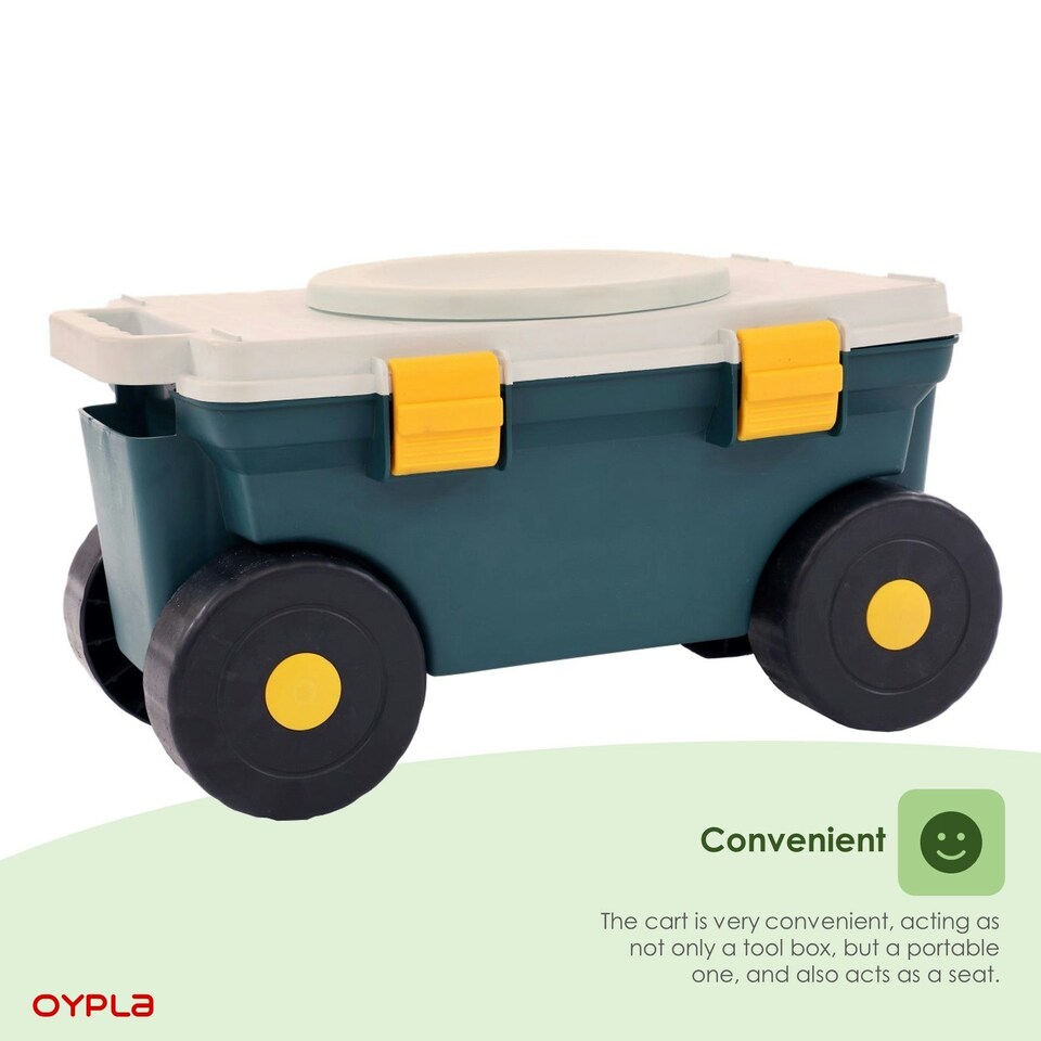 image 1 of Oypla Outdoor Garden Rolling Tool Cart Storage Box with Rotating Seat Green