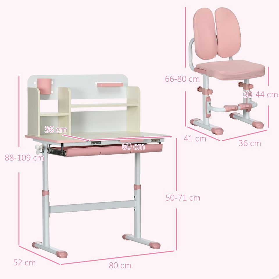 image 1 of HOMCOM Kids Desk and Chair Set with Storage Shelves, Washable Cover - Pink 