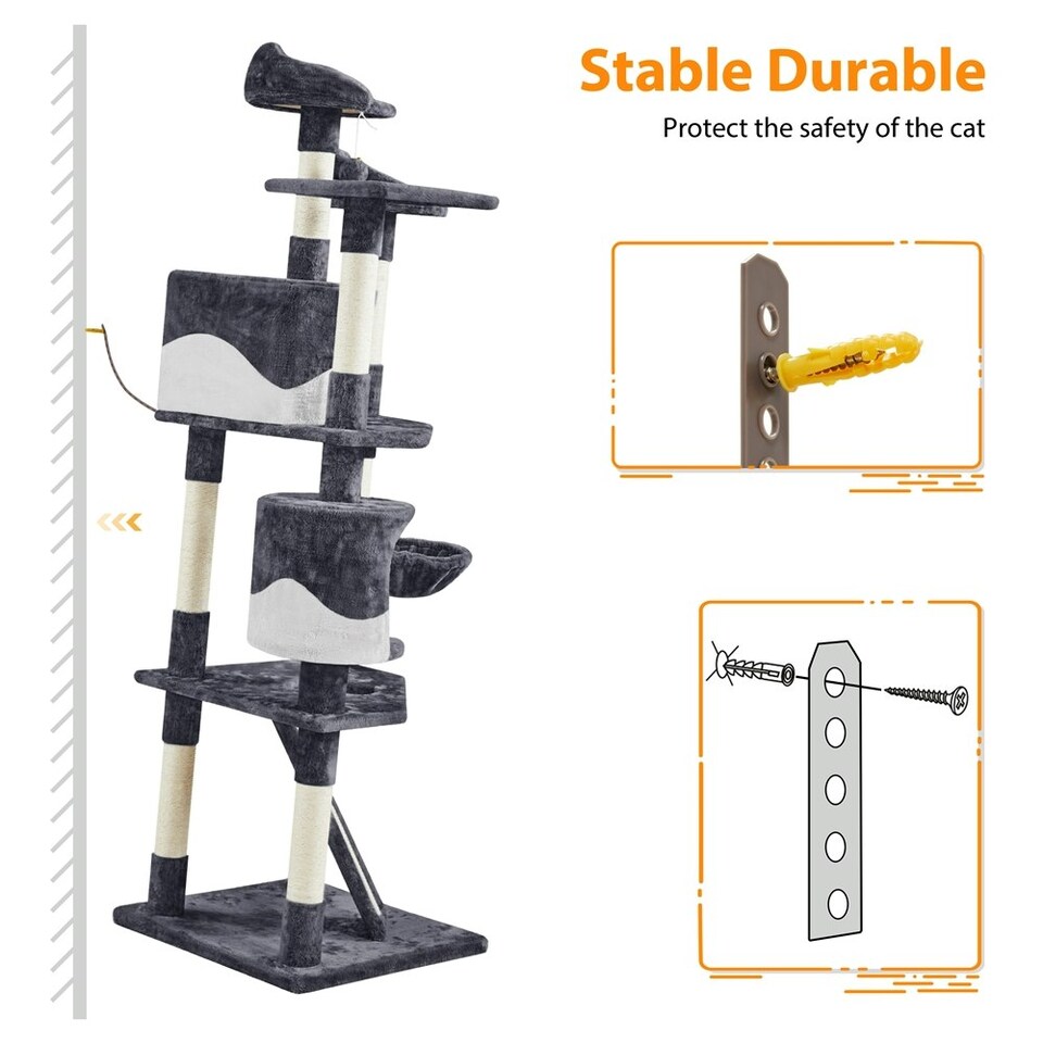 image 1 of Yaheetech 200 cm Multilevel Cat Tree with Two Condos Dark Grey