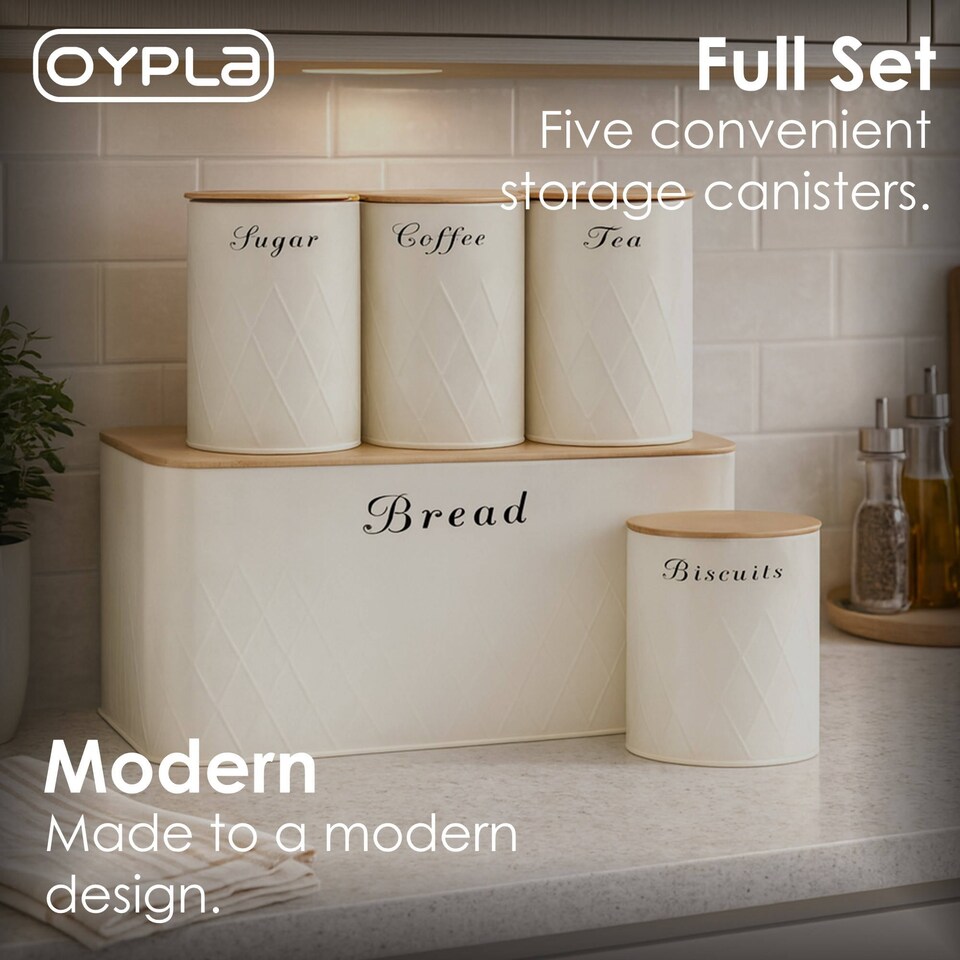 image 1 of 5pc Cream Bamboo Lid Kitchen Canister Set Bread Biscuits Tea Sugar Coffee