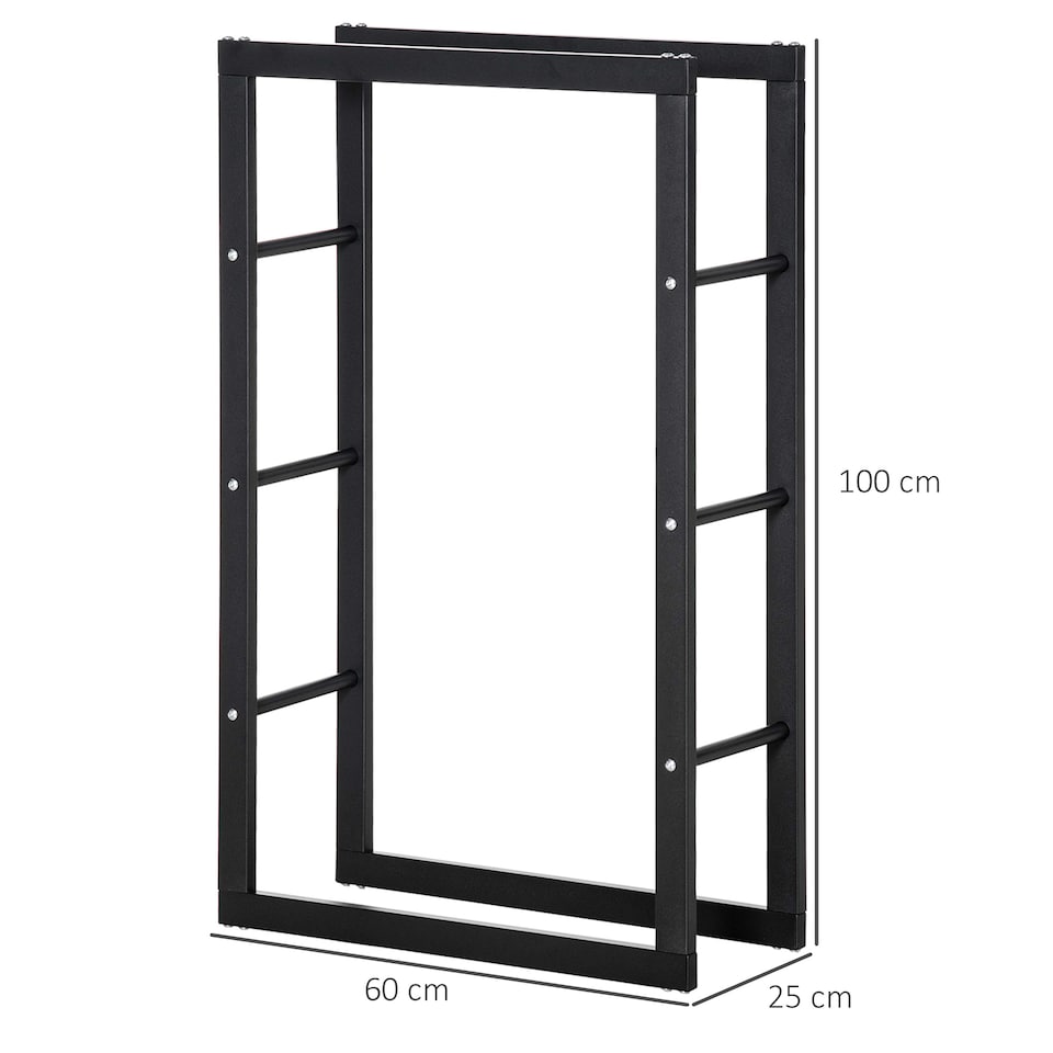 image 1 of HOMCOM Metal Firewood Log Holder Tall Firewood Rack Indoor Outdoor Fireplace Wood Storage Shelf with Side Rails, Rust-Resistant, Black, 60W x 25D x 100H cm