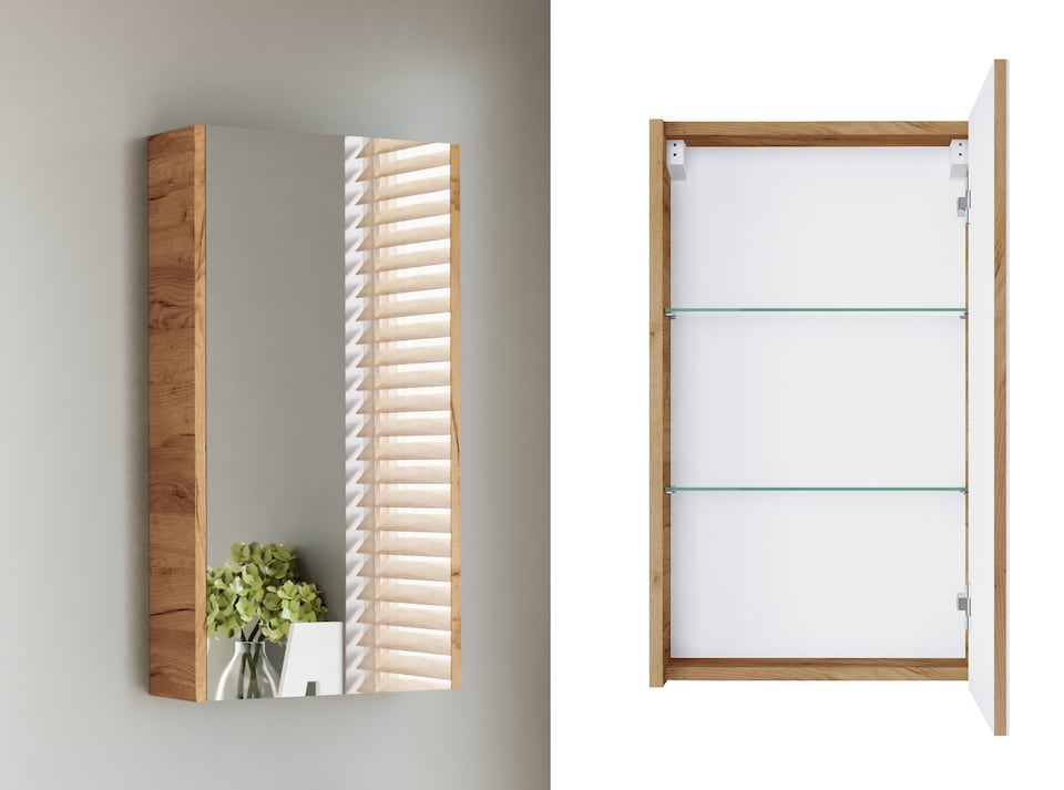 image 1 of Bathroom Mirror Cabinet Mirrored Wall Unit 400mm Slimline Cupboard Oak Finish Narrow Storage Avir