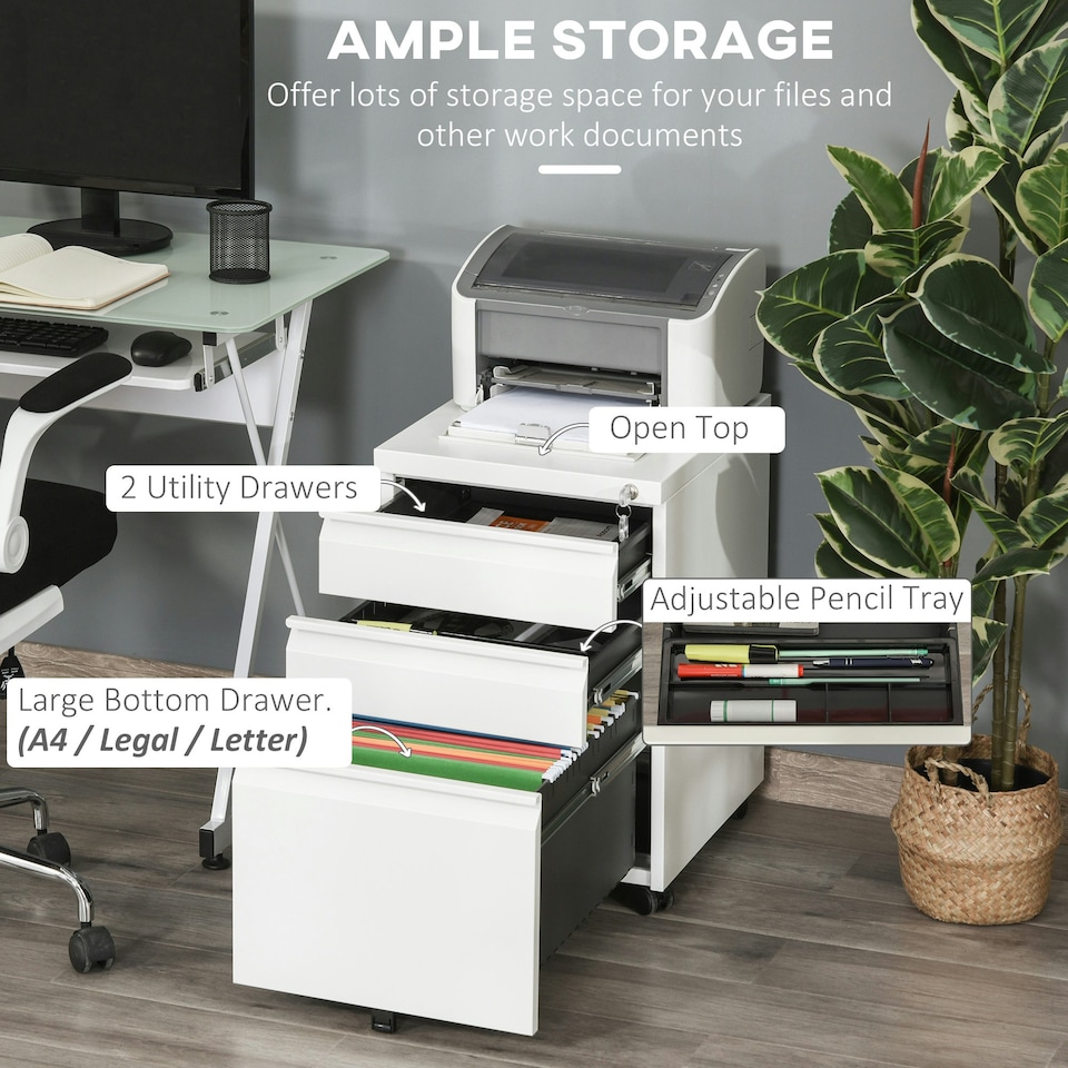 image 1 of Vinsetto 3 Drawer Vertical File Cabinet Lockable Metal Filling Cabinet