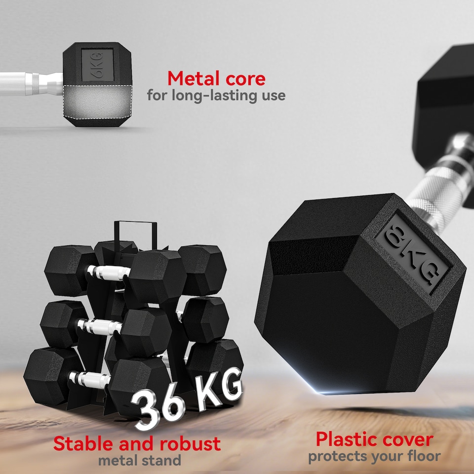 image 1 of SPORTNOW 36KG Hex Dumbbell Set with Dumbbell Rack, Rubber Coated Weights