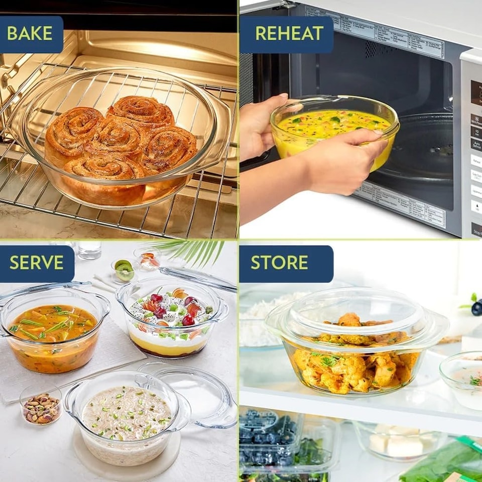 image 1 of Borosil Deep Round Glass Casserole with Lid (1.2 Litre), Transparent, Oven & Microwave Safe Serving Bowl