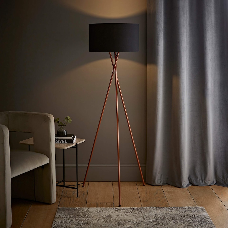 image 1 of ValueLights Camden Copper Tripod Floor Lamp with Black Shade | Black